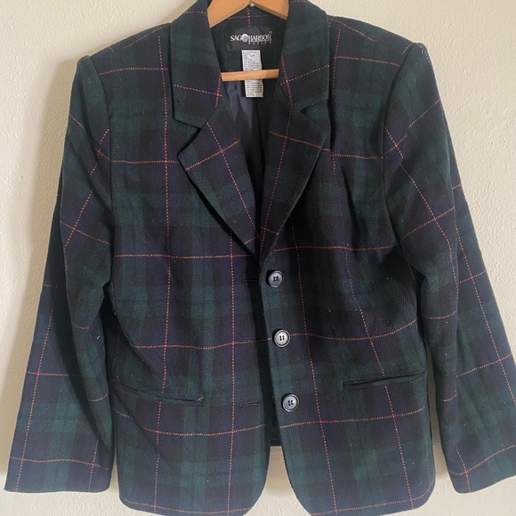 Vintage Sag Harbor Petite Green and Navy Blue Plaid Blazer - Picture 1 of 4
